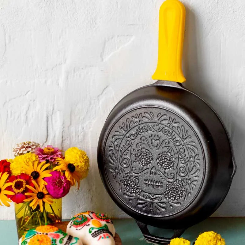 Seasoned Cast Iron Sugar Skull Skillet with Deluxe Handle Holder